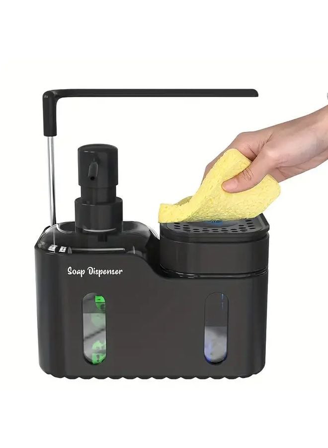 Black 4 in 1 Kitchen Soap Dispenser Set with Sponge Rack Heavy Duty Plastic Sink Organizer - Image 1